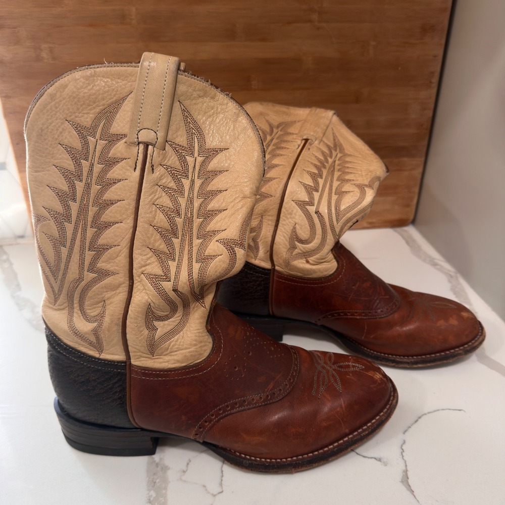 Vintage Tony Lama Cowboy Boots Womens 7.5 B Brown Tan Wingtip Coastal Cowgirl